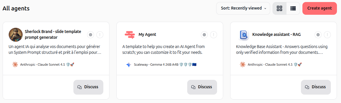 Screenshot: Create agent button