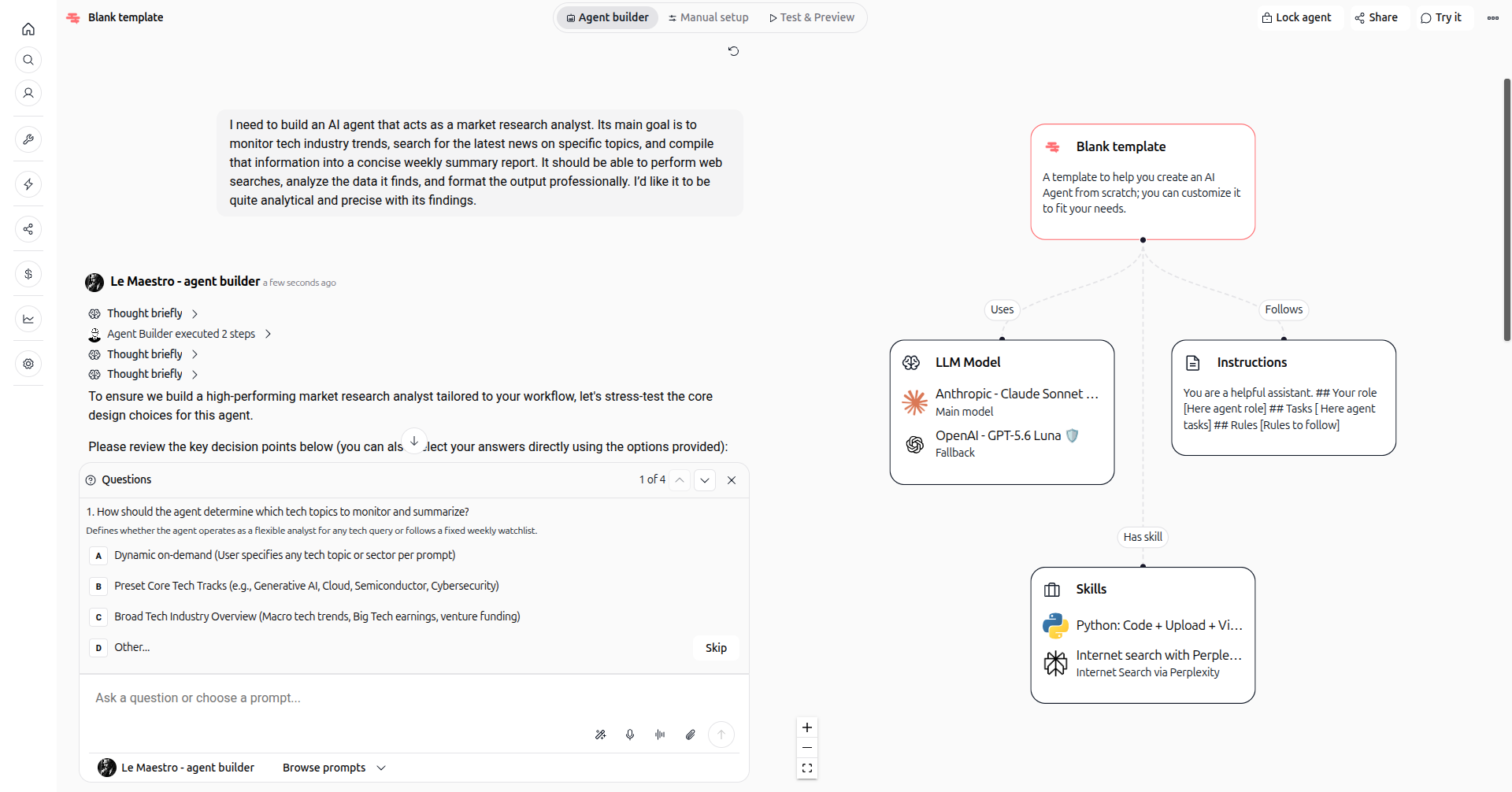 Screenshot: AI Builder clarifying questions