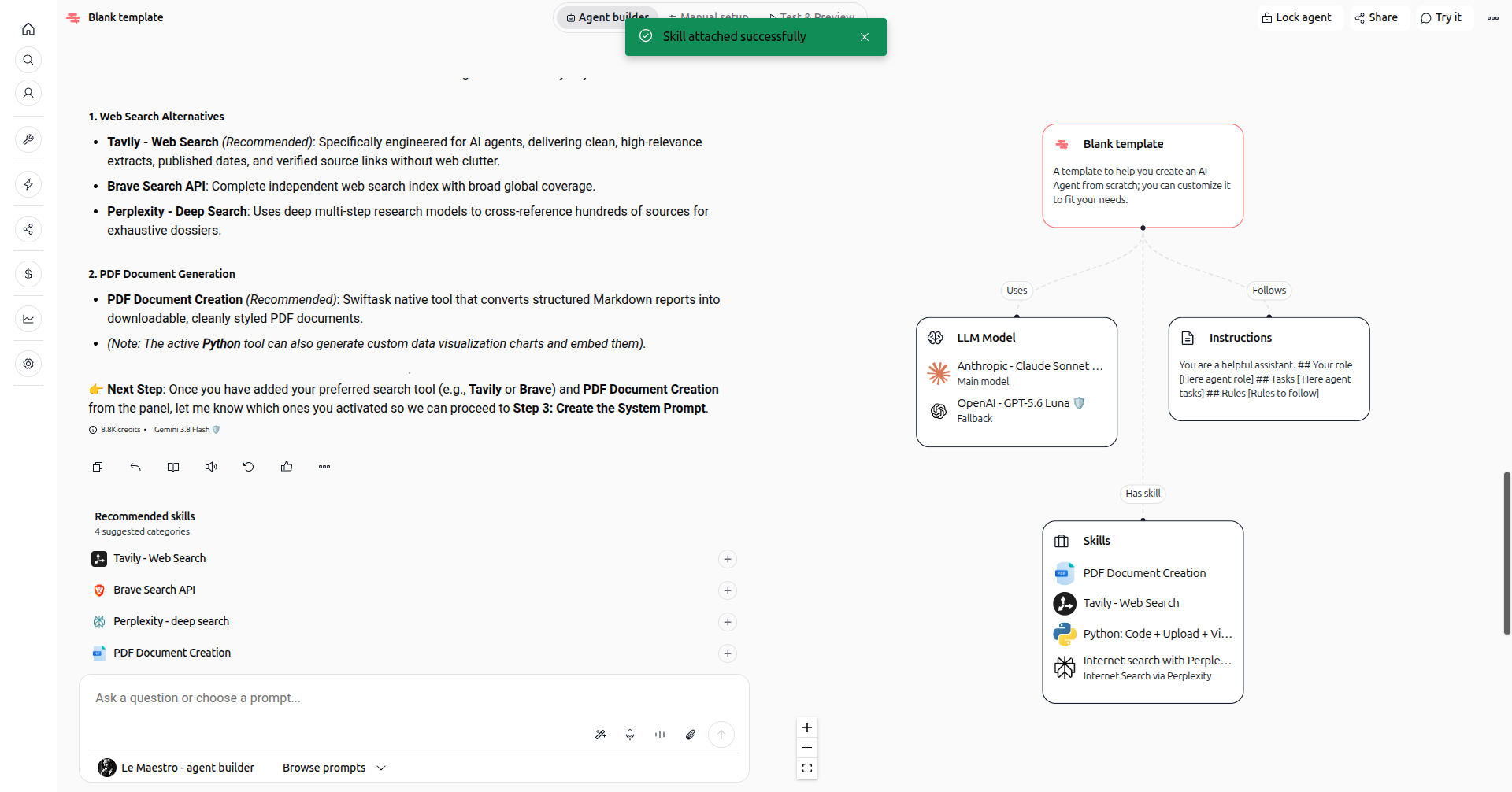 Screenshot: Recommended skills in AI Builder
