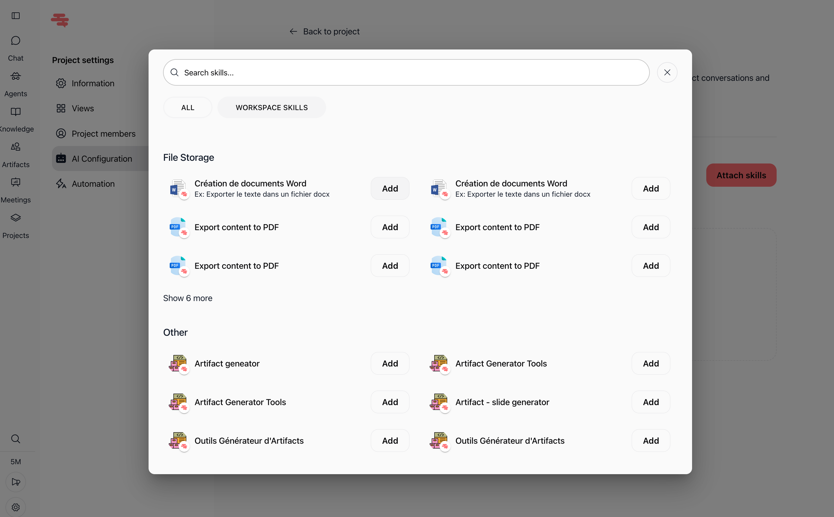Fenêtre de sélection des outils