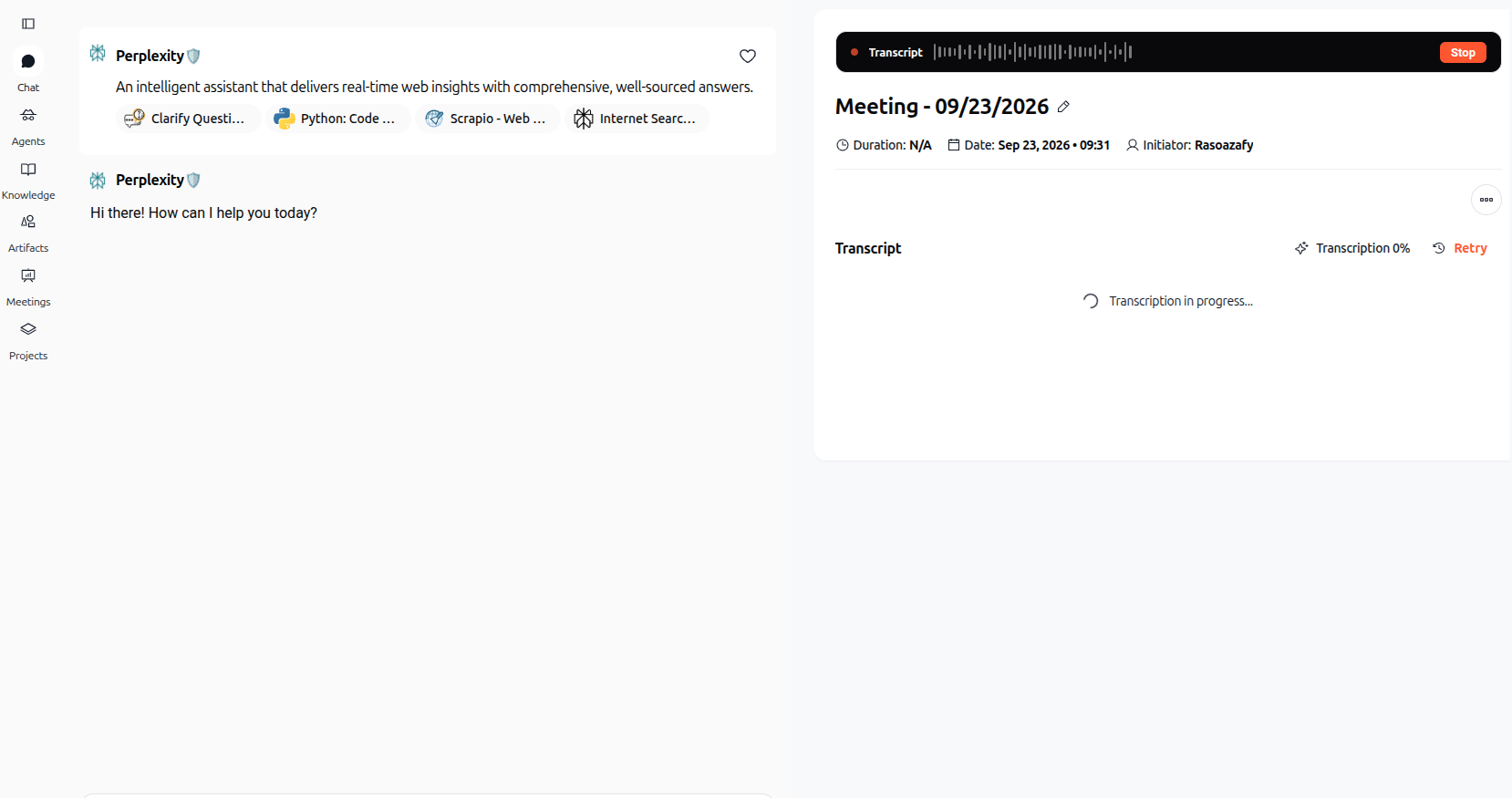 Interface double panneau chat IA et transcription en direct