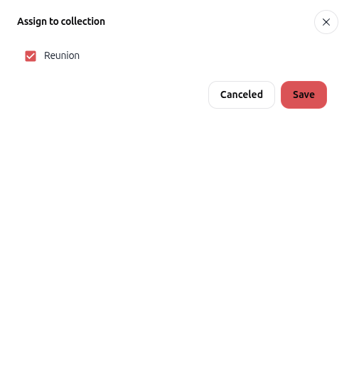 Dialogue Assign to collection avec collection cochée et bouton Save