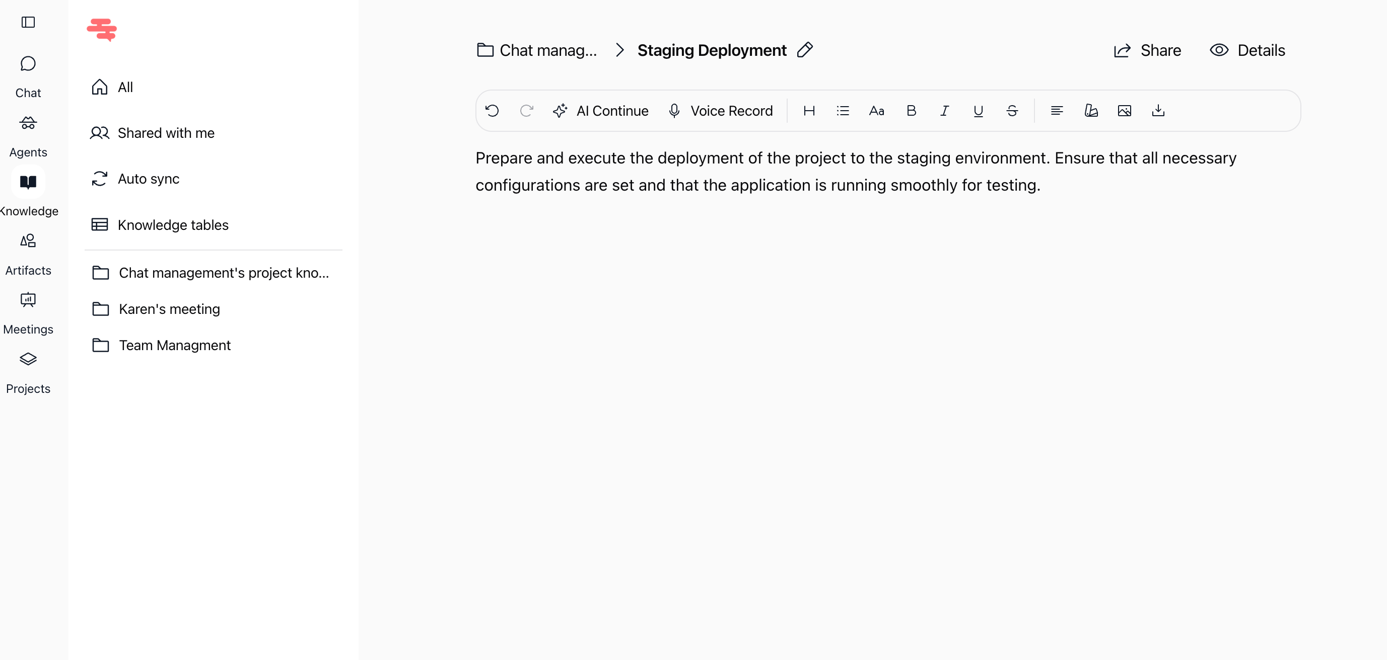 Screenshot: Synced task note document editor in Knowledge