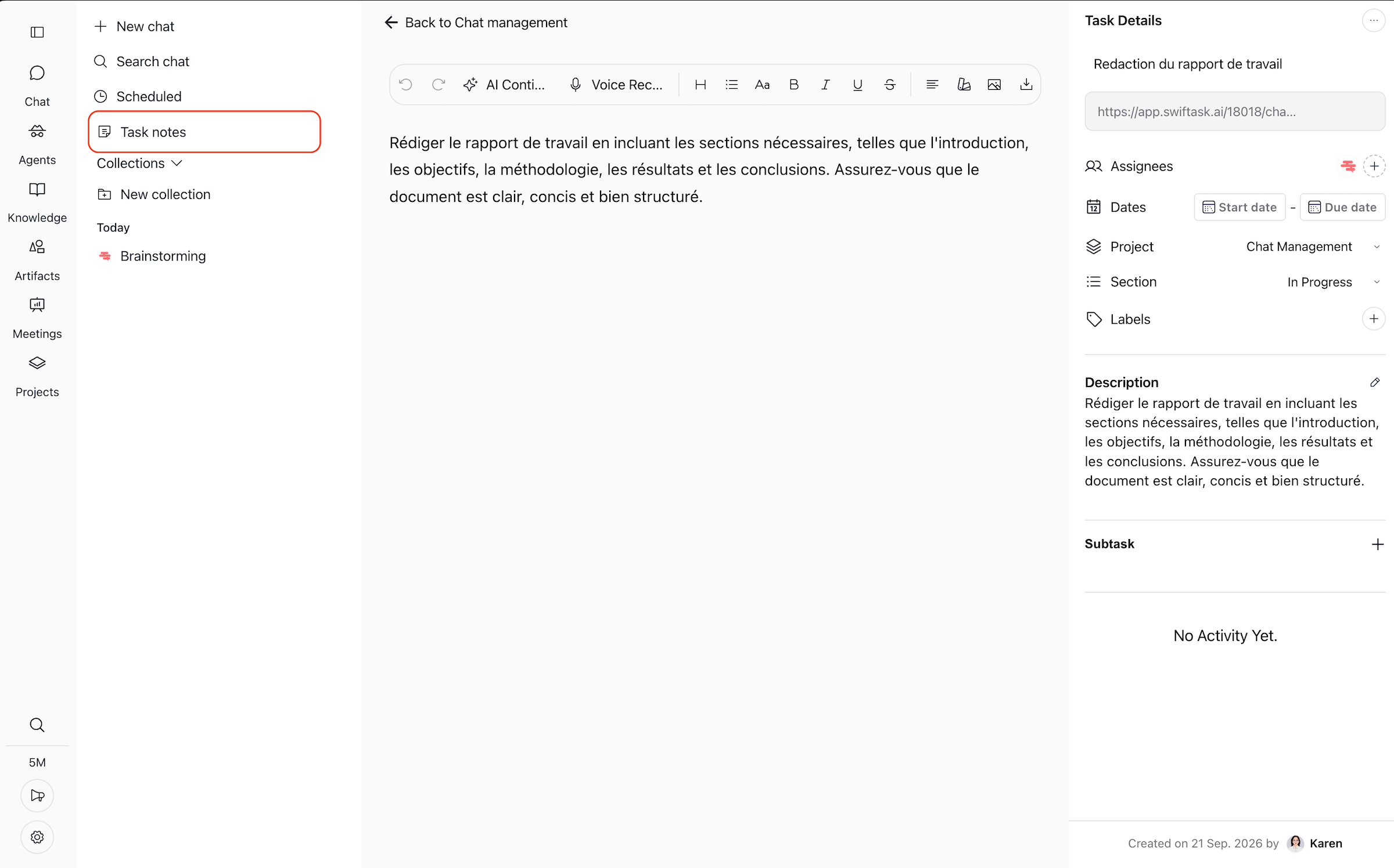 Screenshot: Task details panel and task notes editor