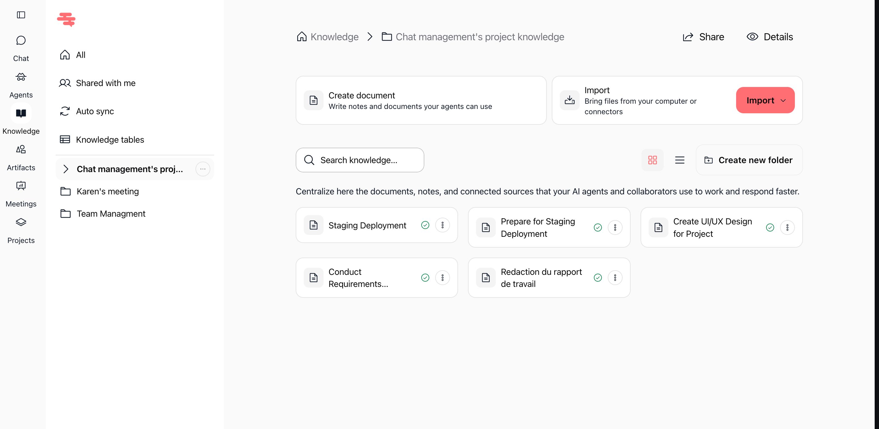 Screenshot: Dossier de connaissances du projet avec les notes synchronisées