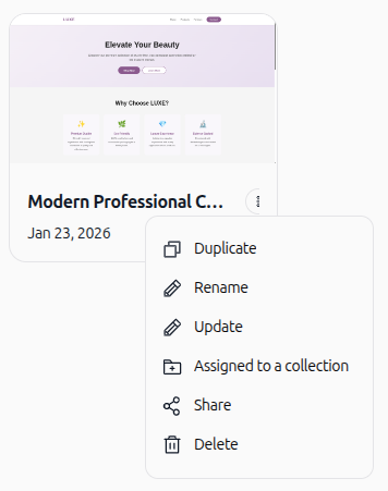 Web page card context menu