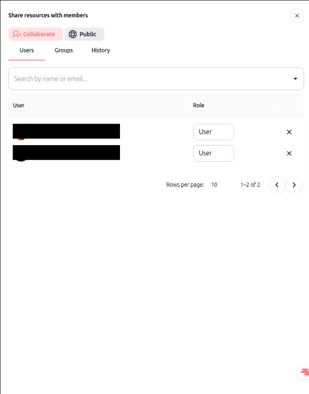 Share resources modal showing Collaborate, Public, Users, Groups, and History tabs