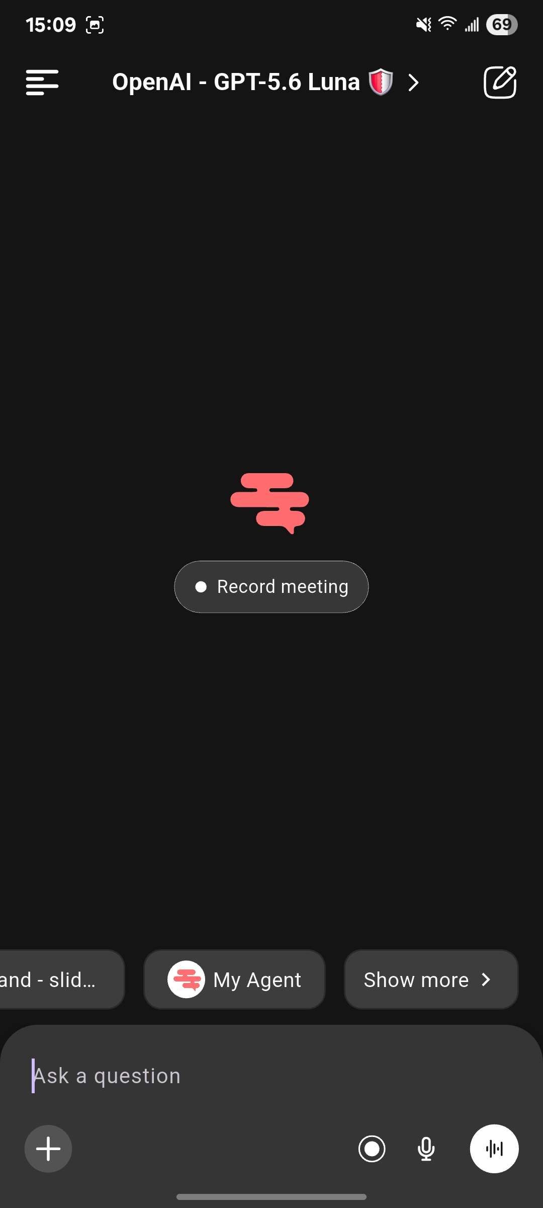 Screenshot: Central screen showing Record meeting button