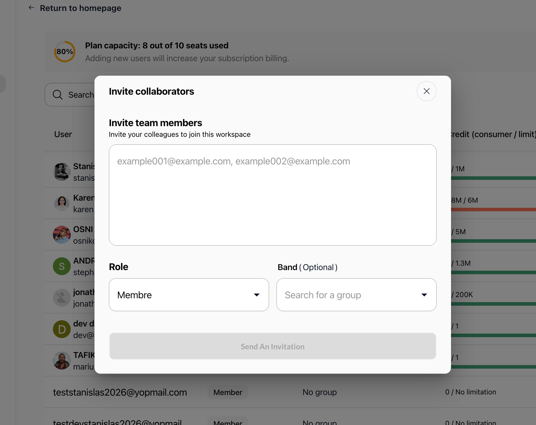 Invite collaborators modal