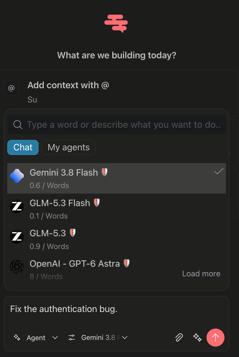 Choosing an agent or model from the picker