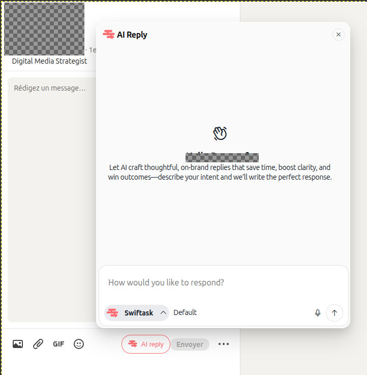 Screenshot: AI reply button and window in LinkedIn messaging