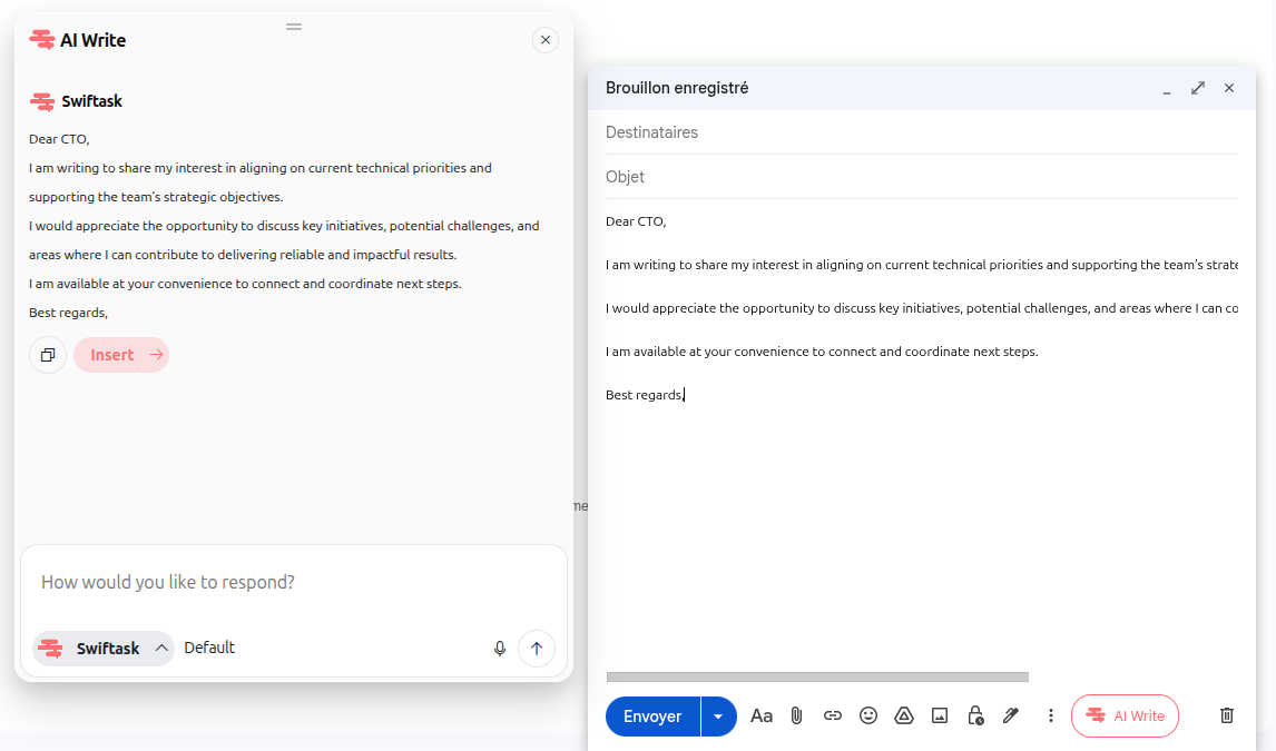 Screenshot: AI Write response window and draft insertion in Gmail